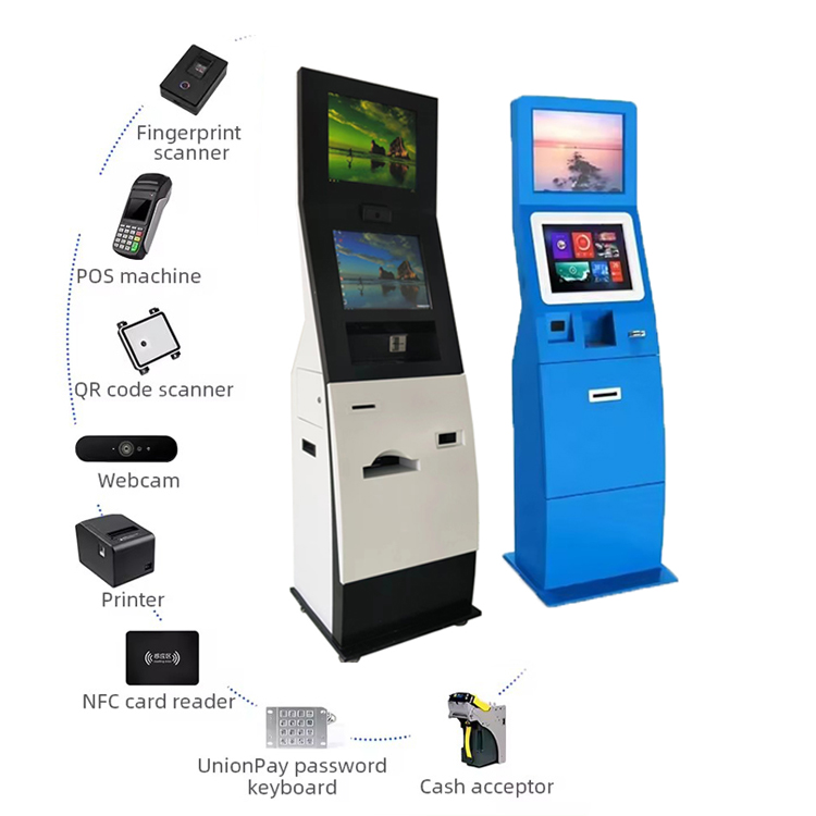LX2030 Dual Screen Floor Standing Touch Screen A4 printer Card reader Bank Hospital Self service Kiosk support oem odm 5