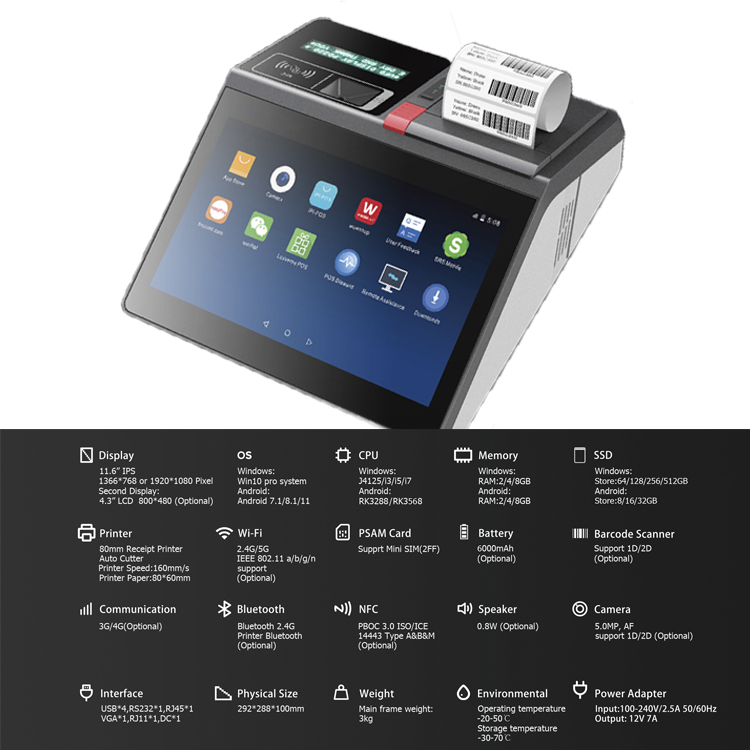 Auto Cutter Printer POS System Desktop Terminal 11.6 Inch Smart Pos Machine All-in-one Tablet Pos with CE FCC UKCA Certification 6