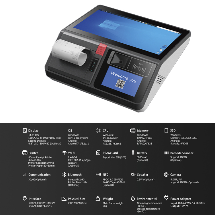 All In One Pos System 11.6 Inch Tablet pos Touch Screen Android Windows Cash Register pos Machines With Printer OEM/ODM Custom 4